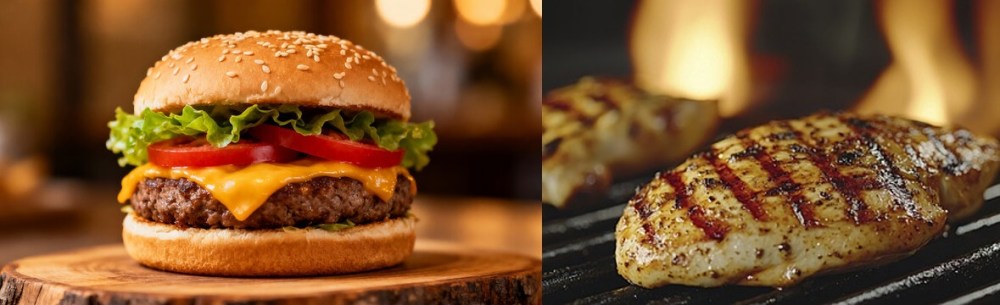Cheeseburger and grilled chicken on a wooden surface against a blurred background.