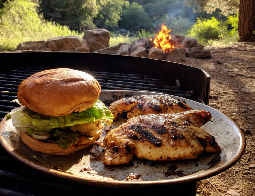 Grilled burger and chicken on a plate by a campfire in a forest setting.