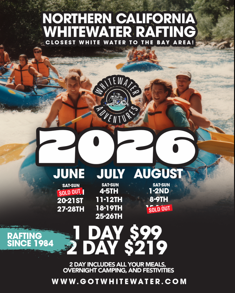 Poster for Northern California Whitewater Rafting in summer 2026 with dates and prices.