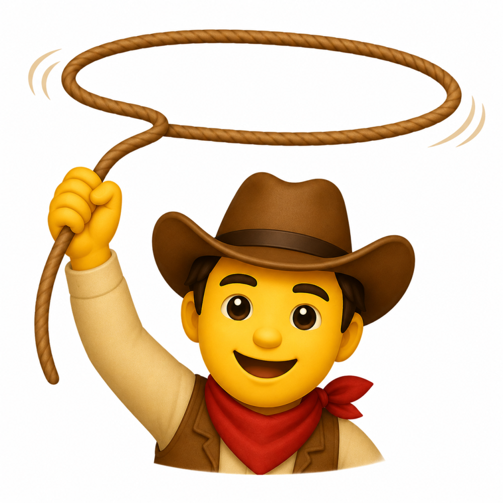 Cowboy emoji with lasso above head, smiling.