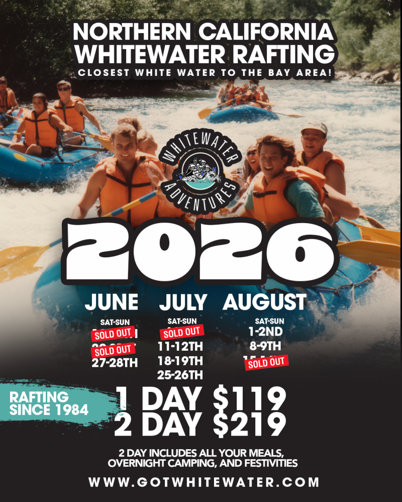 Poster for Northern California whitewater rafting in 2026 with prices and sold out dates.